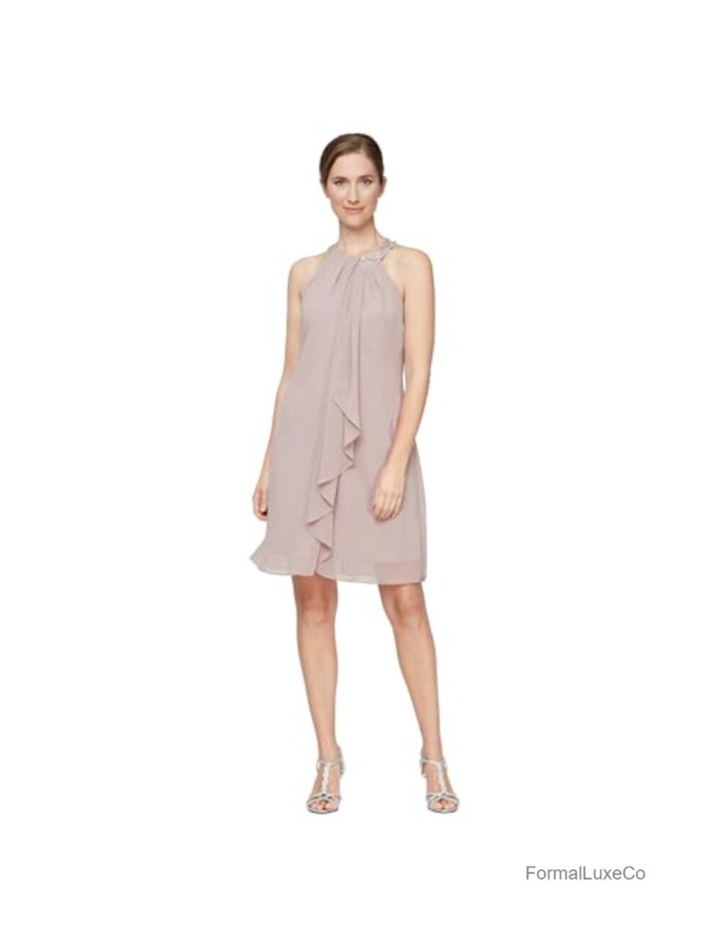 Sleeveless Jewel Halter Chiffon Sheath Cocktail Dress with Beads